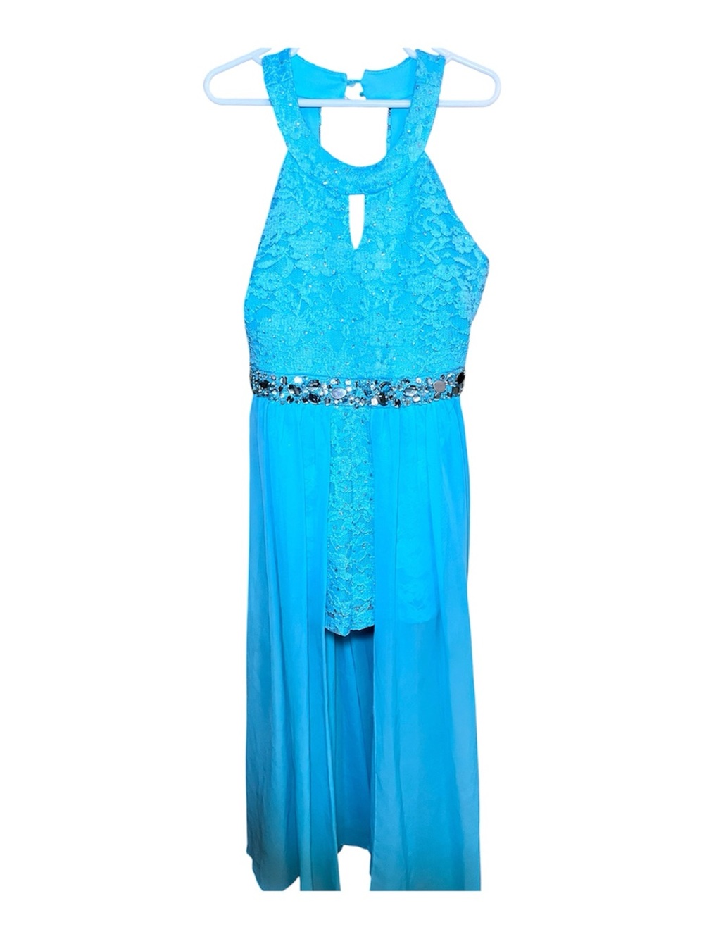 Speechless Bright Turquoise Lace Halter High-Low Dress with Jeweled Waist
